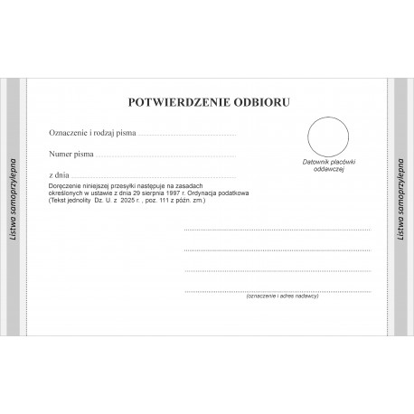 Zwrotne  potwierdzenie odbioru  na zasadach  Ordynacji Podatkowej (Dz. U. z 2025 poz.  111 z późn. zm.)