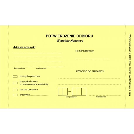 Zwrotne potwierdzenie odbioru pocztowe (żółte)