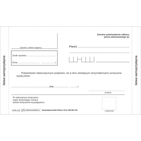 Zwrotne pokwitowanie pisma KPA 5