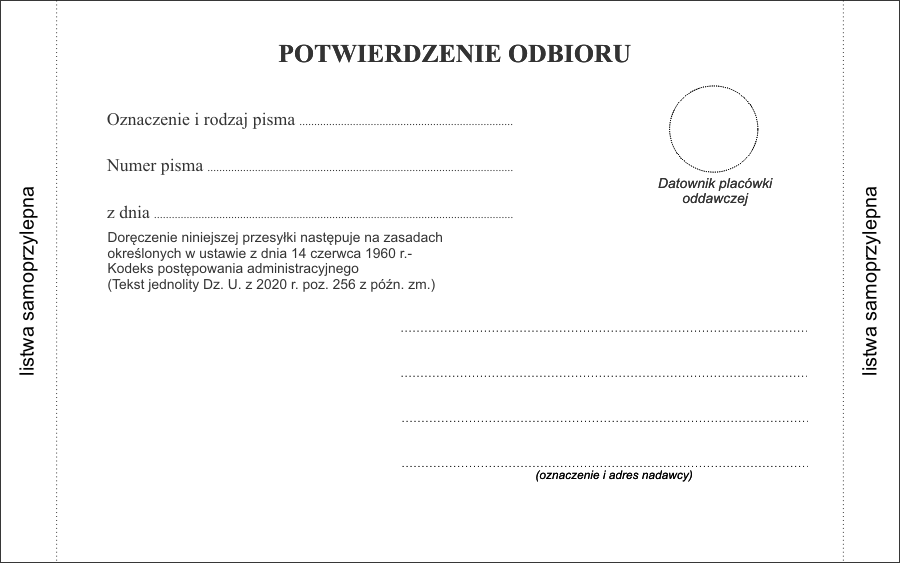 Zwrotne potwierdzenie odbioru na zasadach KPA Dz. U. 2020 r. poz. 256